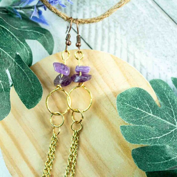Amethyst Chip Earrings with 14k Gold Dangle Chain and Gold Hoop Drop - Picture 13 of 15